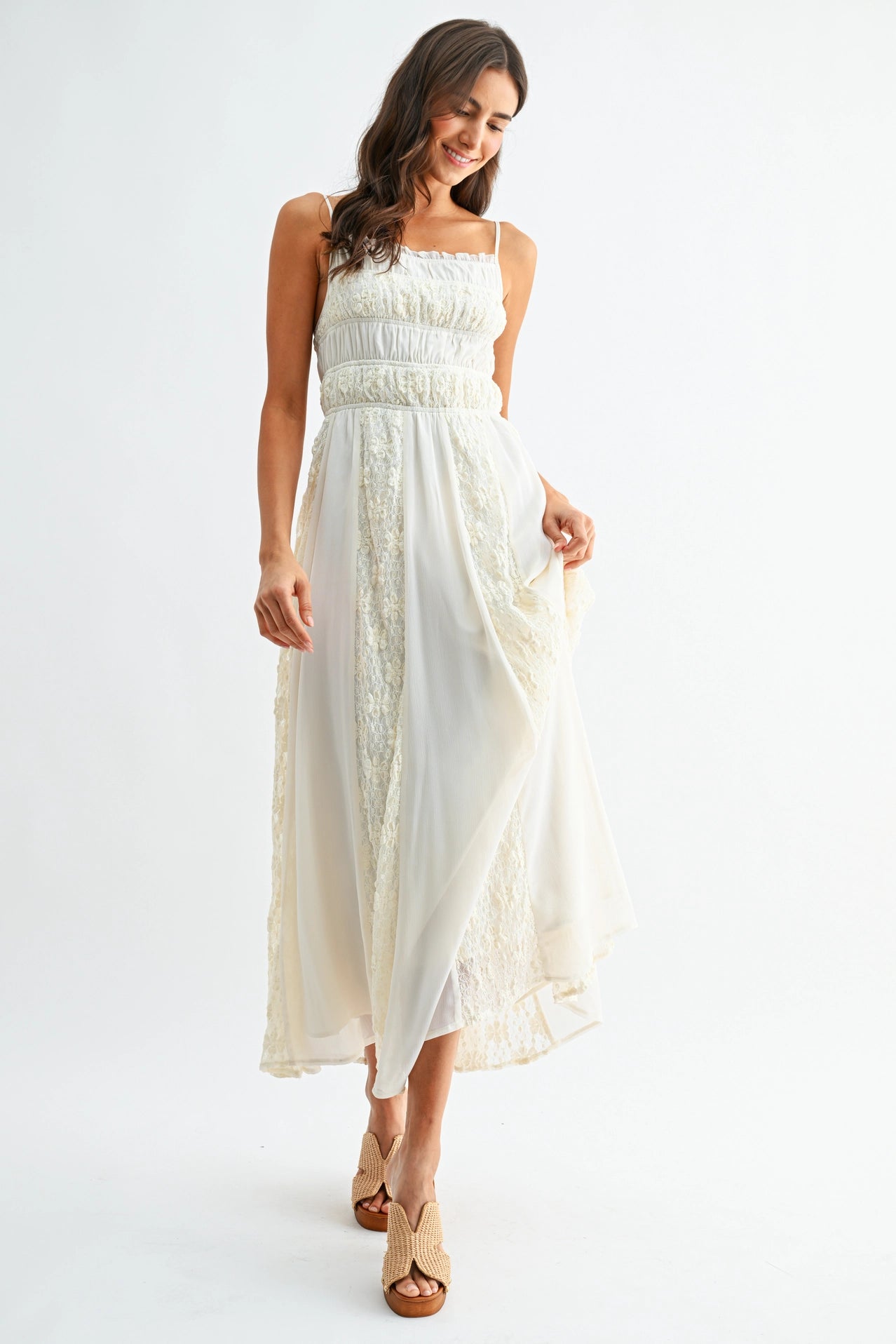 Lace-Panel Maxi Dress with Spaghetti Straps