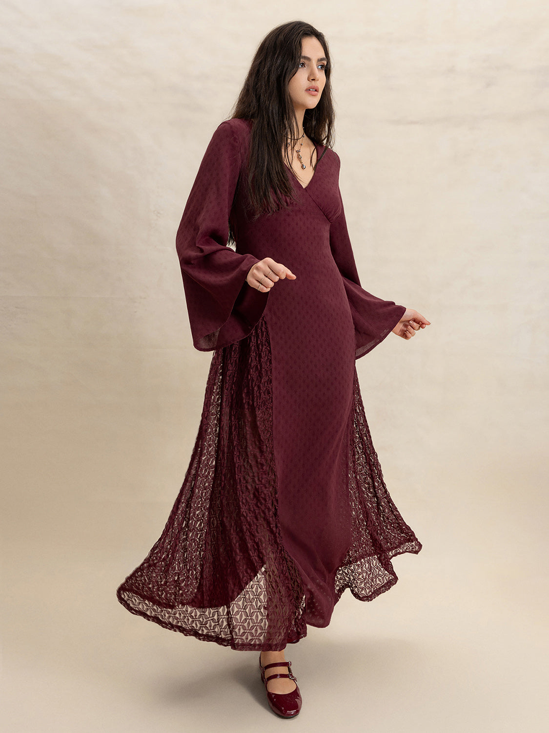 Lace Patchwork V-Neck Long Sleeve Midi Dress-Street 360-Burgundy-S-Urbanheer