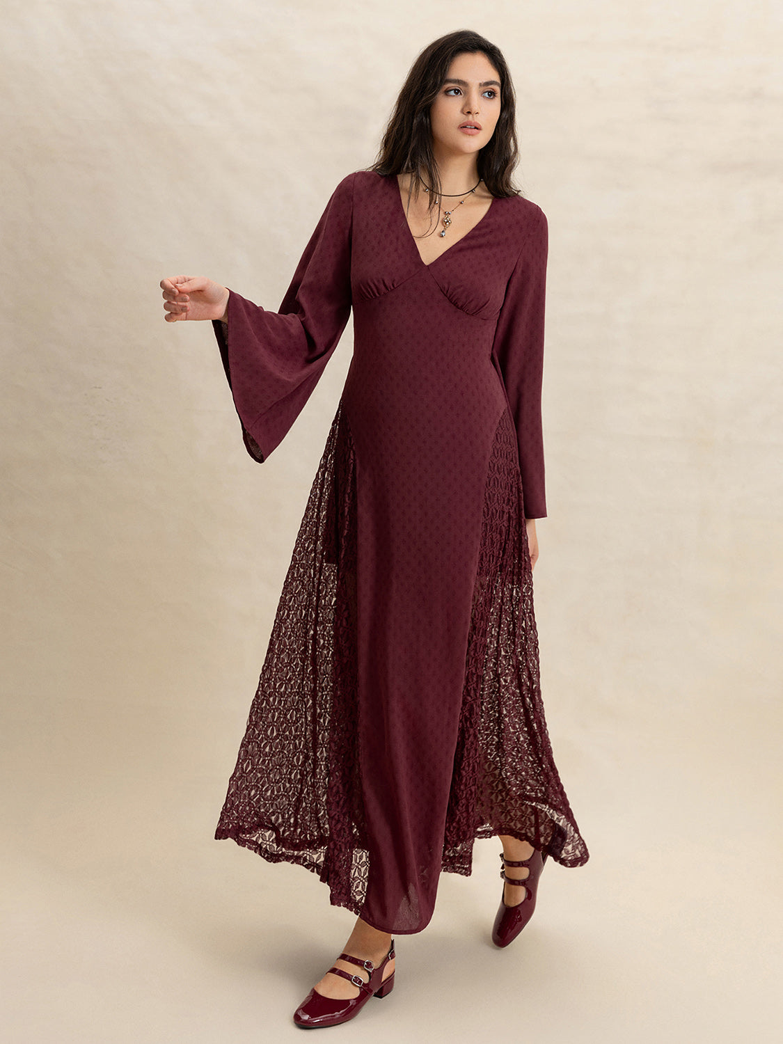 Lace Patchwork V-Neck Long Sleeve Midi Dress-Street 360-Burgundy-S-Urbanheer