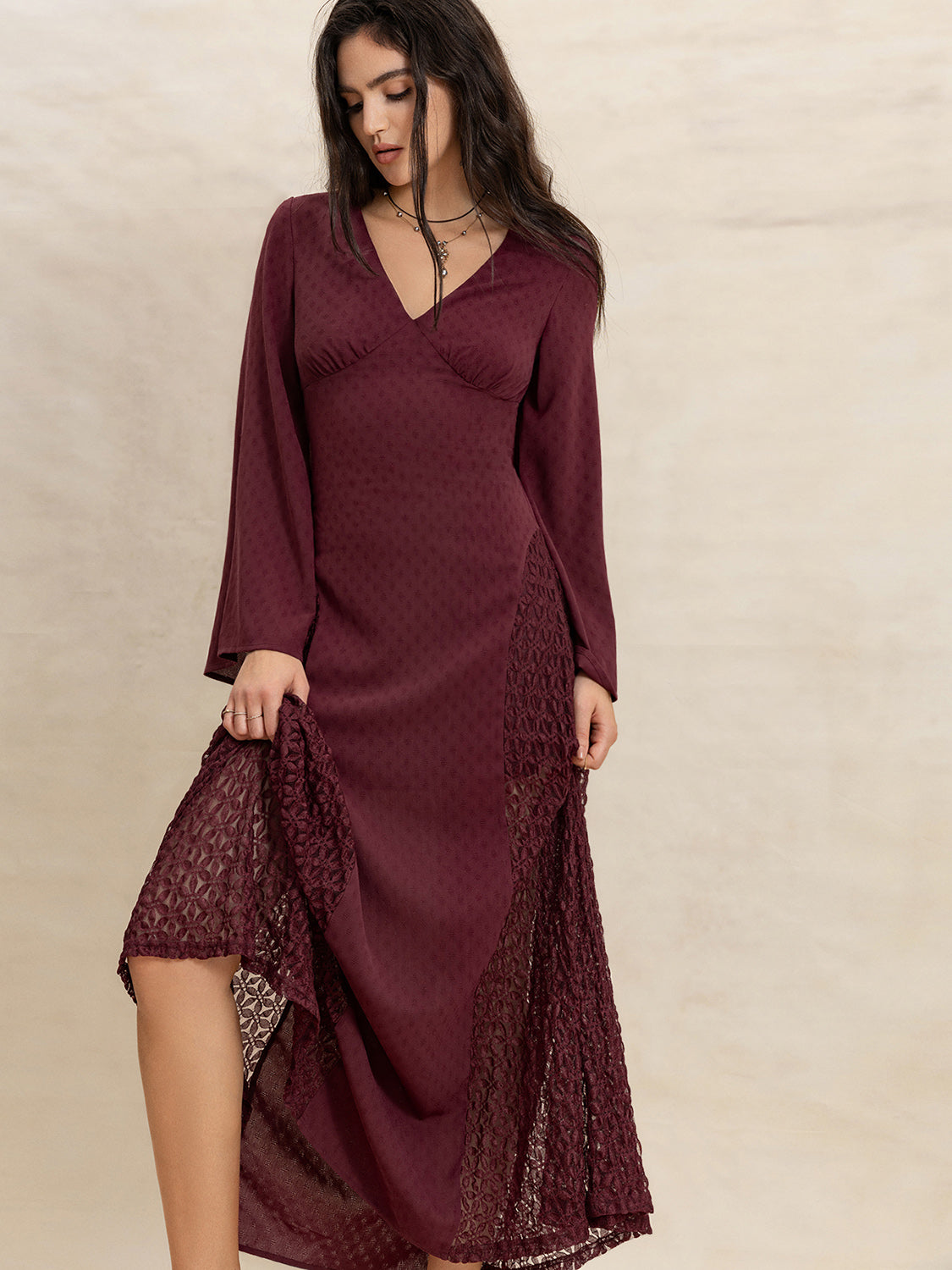 Lace Patchwork V-Neck Long Sleeve Midi Dress-Street 360-Burgundy-S-Urbanheer