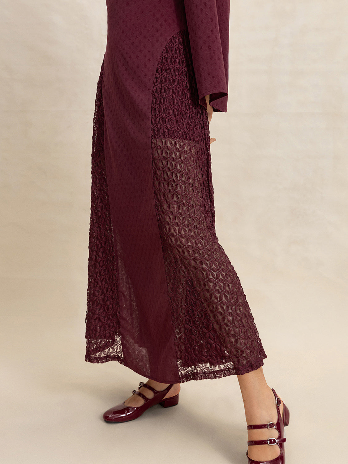 Lace Patchwork V-Neck Long Sleeve Midi Dress-Street 360-Burgundy-S-Urbanheer