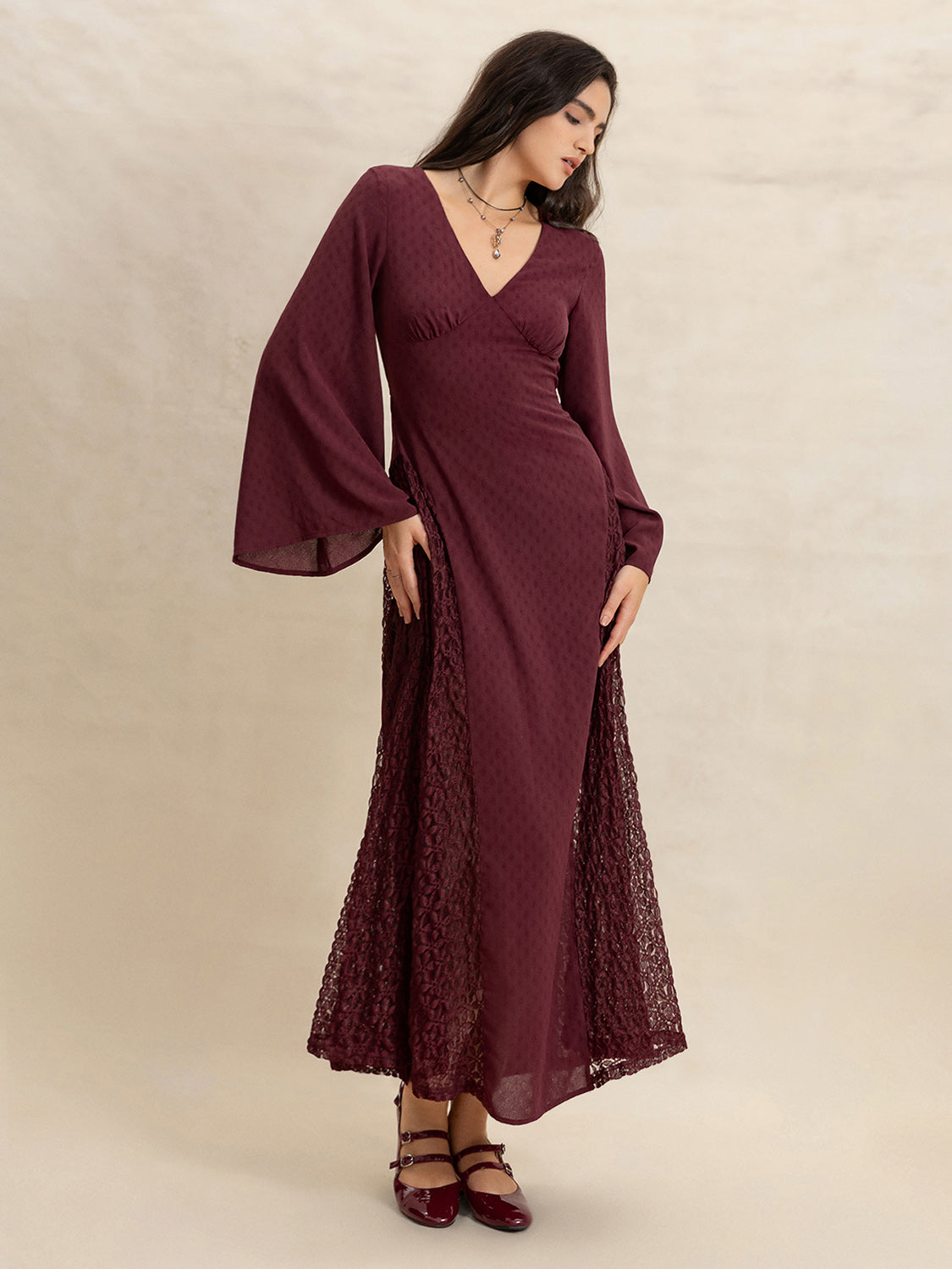 Lace Patchwork V-Neck Long Sleeve Midi Dress-Street 360-Burgundy-S-Urbanheer