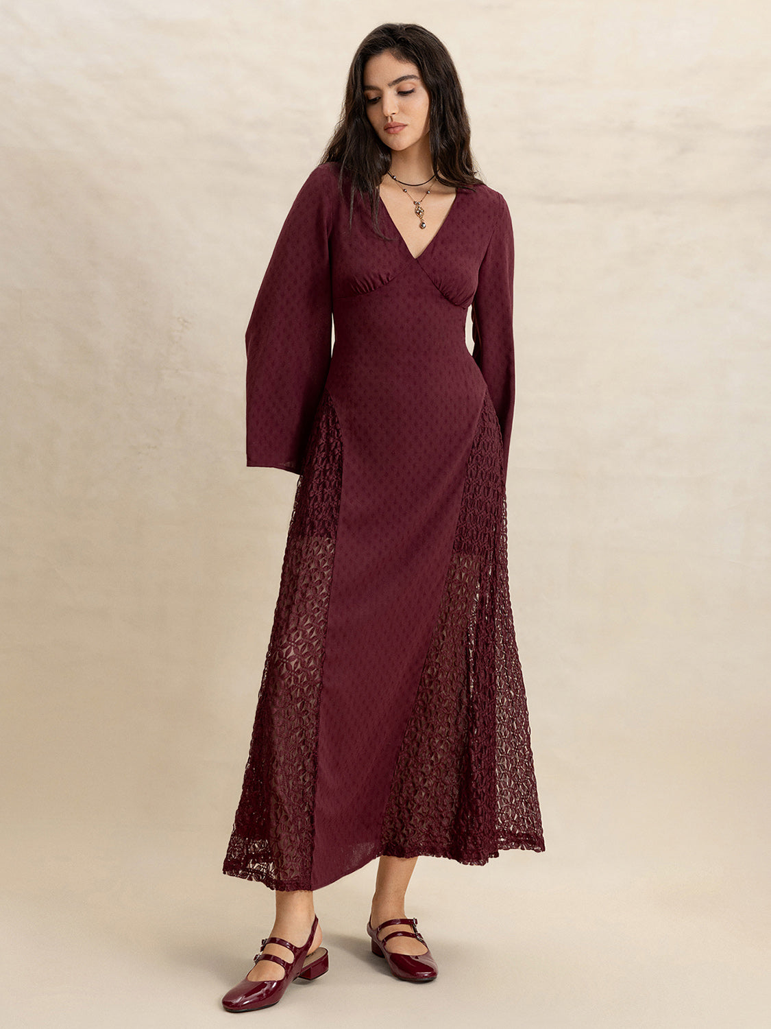 Lace Patchwork V-Neck Long Sleeve Midi Dress-Street 360-Burgundy-S-Urbanheer