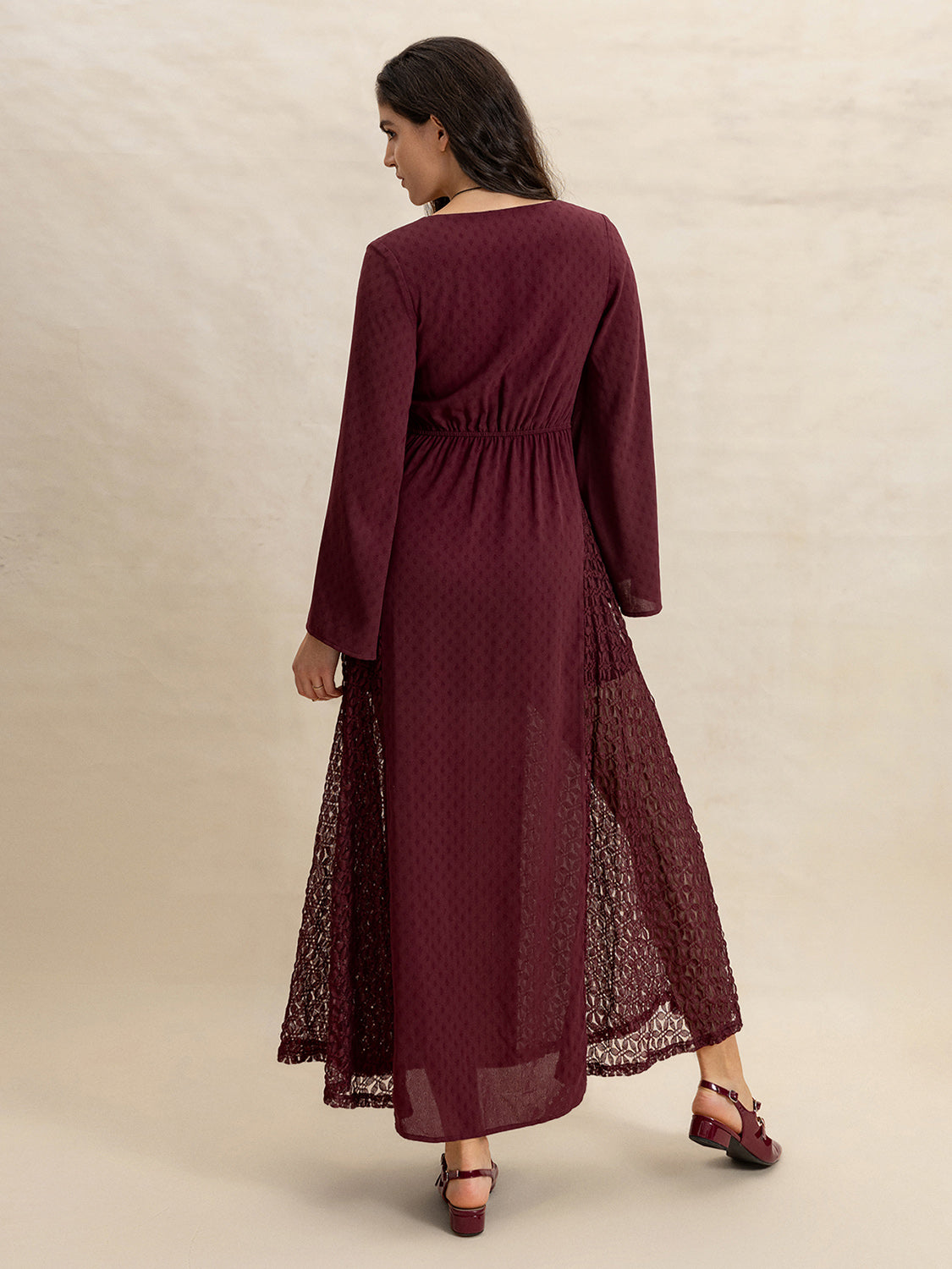 Lace Patchwork V-Neck Long Sleeve Midi Dress-Street 360-Burgundy-S-Urbanheer