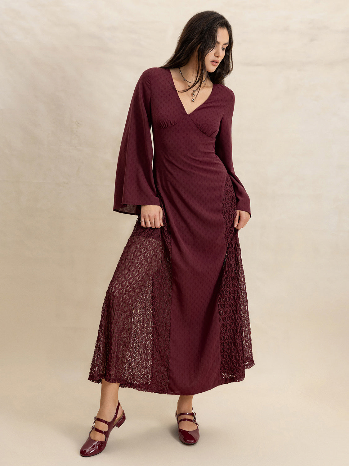 Lace Patchwork V-Neck Long Sleeve Midi Dress-Street 360-Burgundy-S-Urbanheer