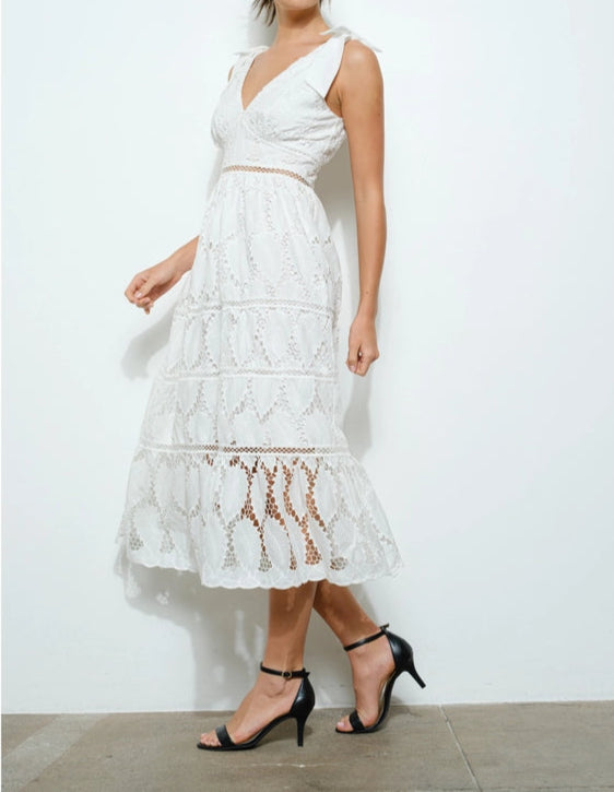 Lace Ribbon Accent Sleeveless Midi Dress WHITE-Dress-INA-S-WHITE-Urbanheer