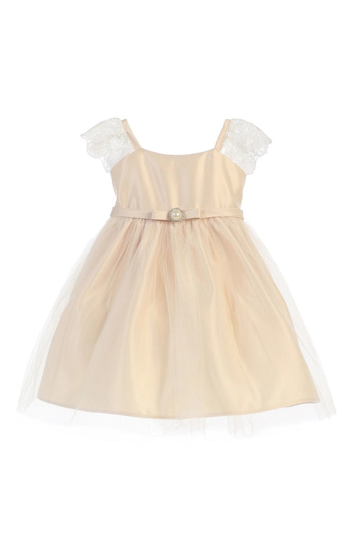 Lace Sleeve Satin & Tulle with Pearl Brooch-Dress-Sweet Kids, Inc.-6M-Champagne-Urbanheer