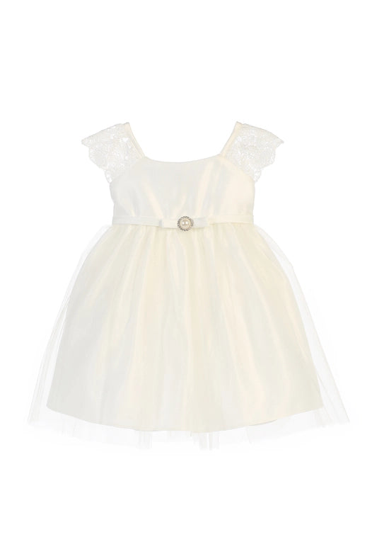 Lace Sleeve Satin & Tulle with Pearl Brooch-Dress-Sweet Kids, Inc.-6M-Off White-Urbanheer
