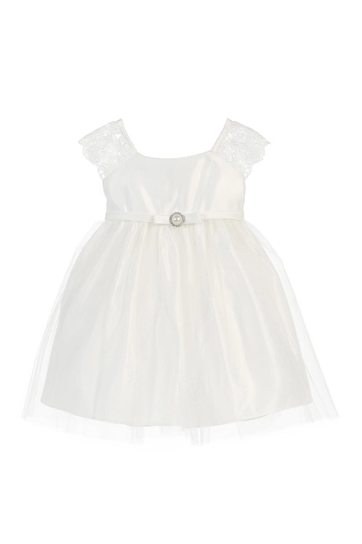 Lace Sleeve Satin & Tulle with Pearl Brooch-Dress-Sweet Kids, Inc.-6M-White-Urbanheer
