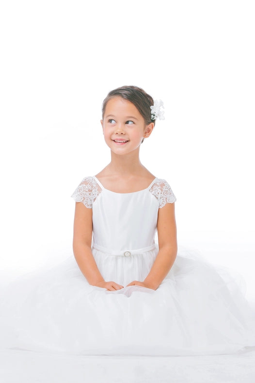Lace Sleeve Satin & Tulle with Pearl Brooch-Dress-Sweet Kids, Inc.-6M-Off White-Urbanheer