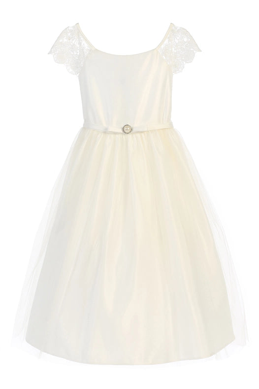 Lace Sleeve Satin & Tulle with Pearl Brooch-Dress-Sweet Kids, Inc.-6M-Off White-Urbanheer