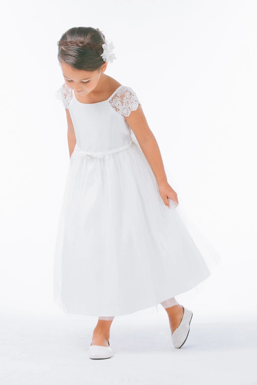 Lace Sleeve Satin & Tulle with Pearl Brooch-Dress-Sweet Kids, Inc.-6M-Off White-Urbanheer