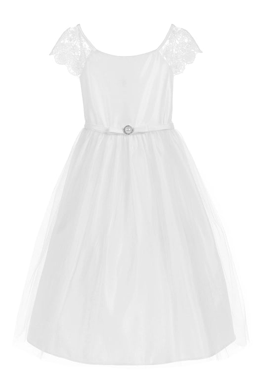 Lace Sleeve Satin & Tulle with Pearl Brooch-Dress-Sweet Kids, Inc.-6M-Off White-Urbanheer