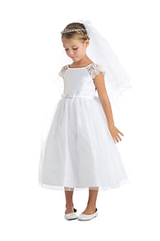 Lace Sleeve Satin & Tulle with Pearl Brooch-Dress-Sweet Kids, Inc.-6M-Off White-Urbanheer
