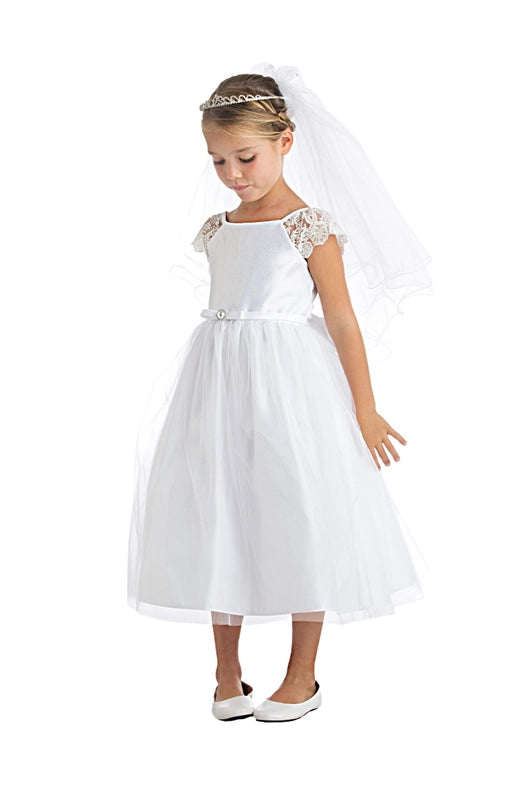Lace Sleeve Satin & Tulle with Pearl Brooch-Dress-Sweet Kids, Inc.-6M-Off White-Urbanheer
