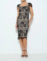 Lace Square Neck Crystal Embroidered Midi Dress-Dress-INA-S-BLACK-Urbanheer