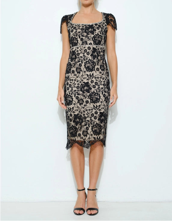Lace Square Neck Crystal Embroidered Midi Dress-Dress-INA-S-BLACK-Urbanheer