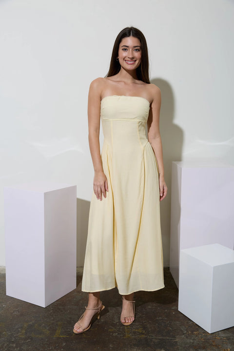 Lace Trim Strapless Gathered Detail Midi Dress