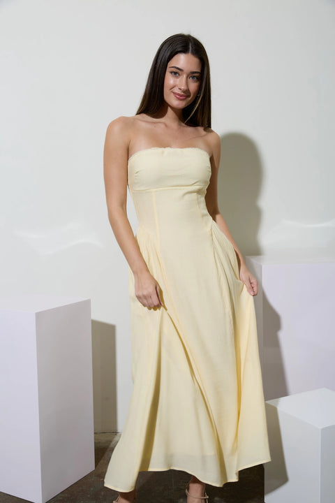 Lace Trim Strapless Gathered Detail Midi Dress
