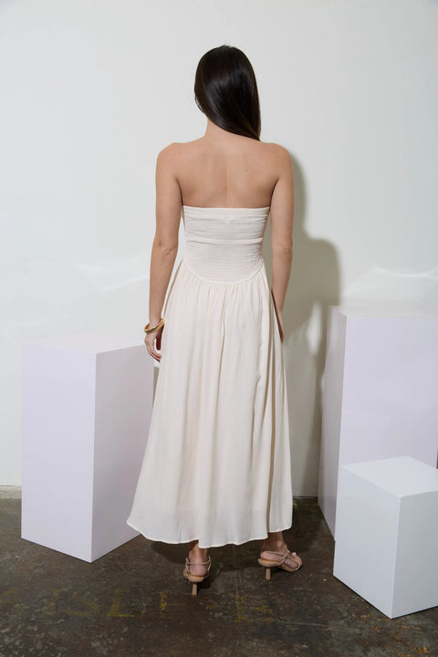 Lace Trim Strapless Gathered Detail Midi Dress
