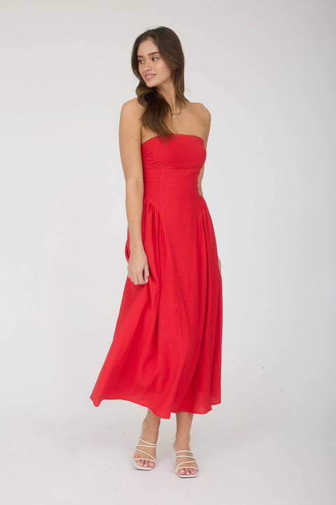 Lace Trim Strapless Gathered Detail Midi Dress
