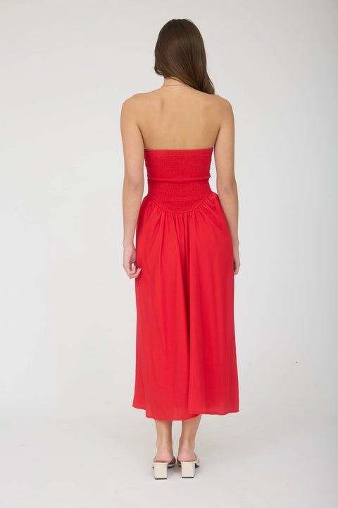 Lace Trim Strapless Gathered Detail Midi Dress