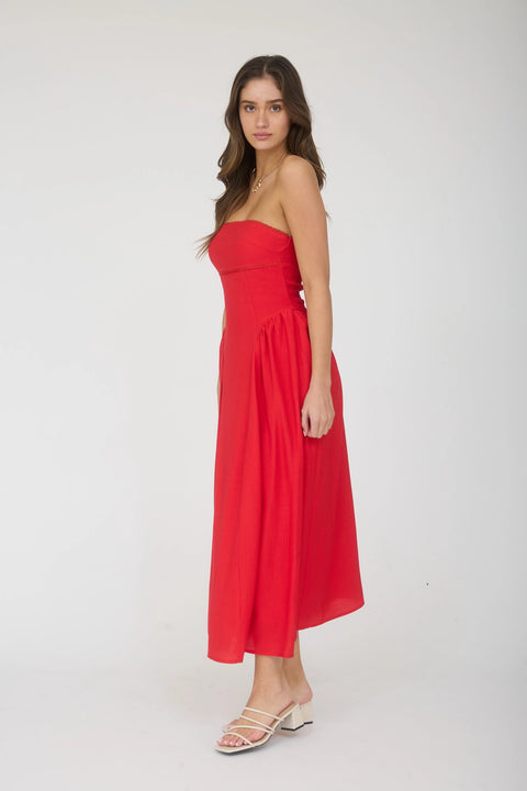 Lace Trim Strapless Gathered Detail Midi Dress