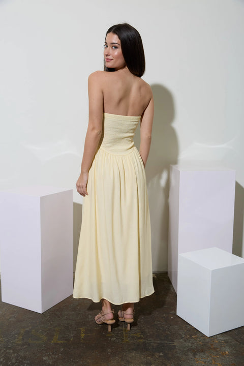 Lace Trim Strapless Gathered Detail Midi Dress