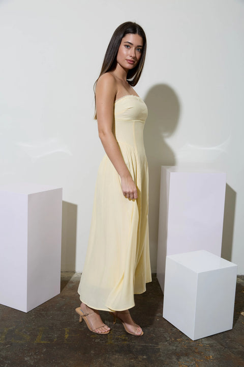Lace Trim Strapless Gathered Detail Midi Dress