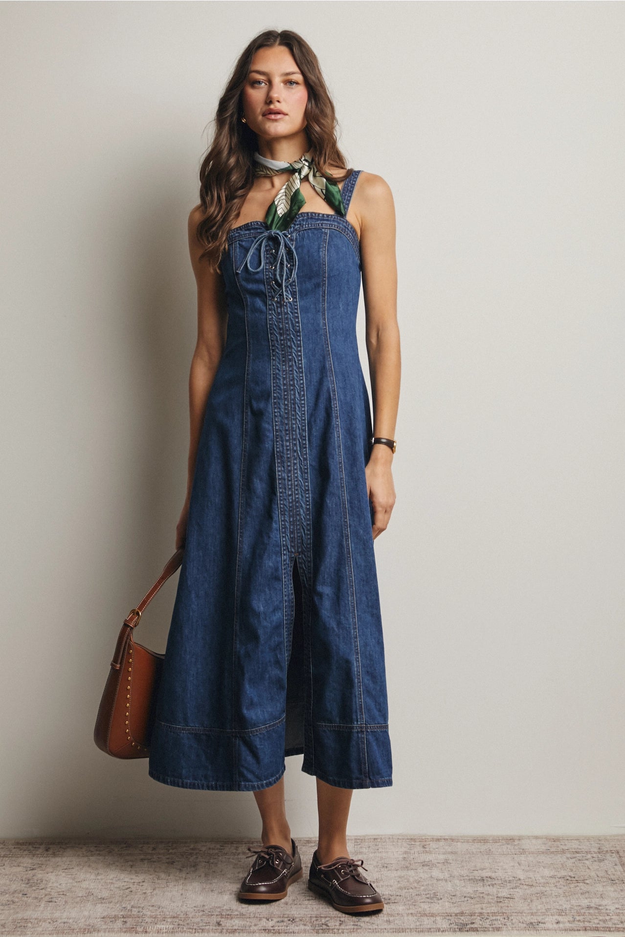 Lace-Up Denim Maxi Dress