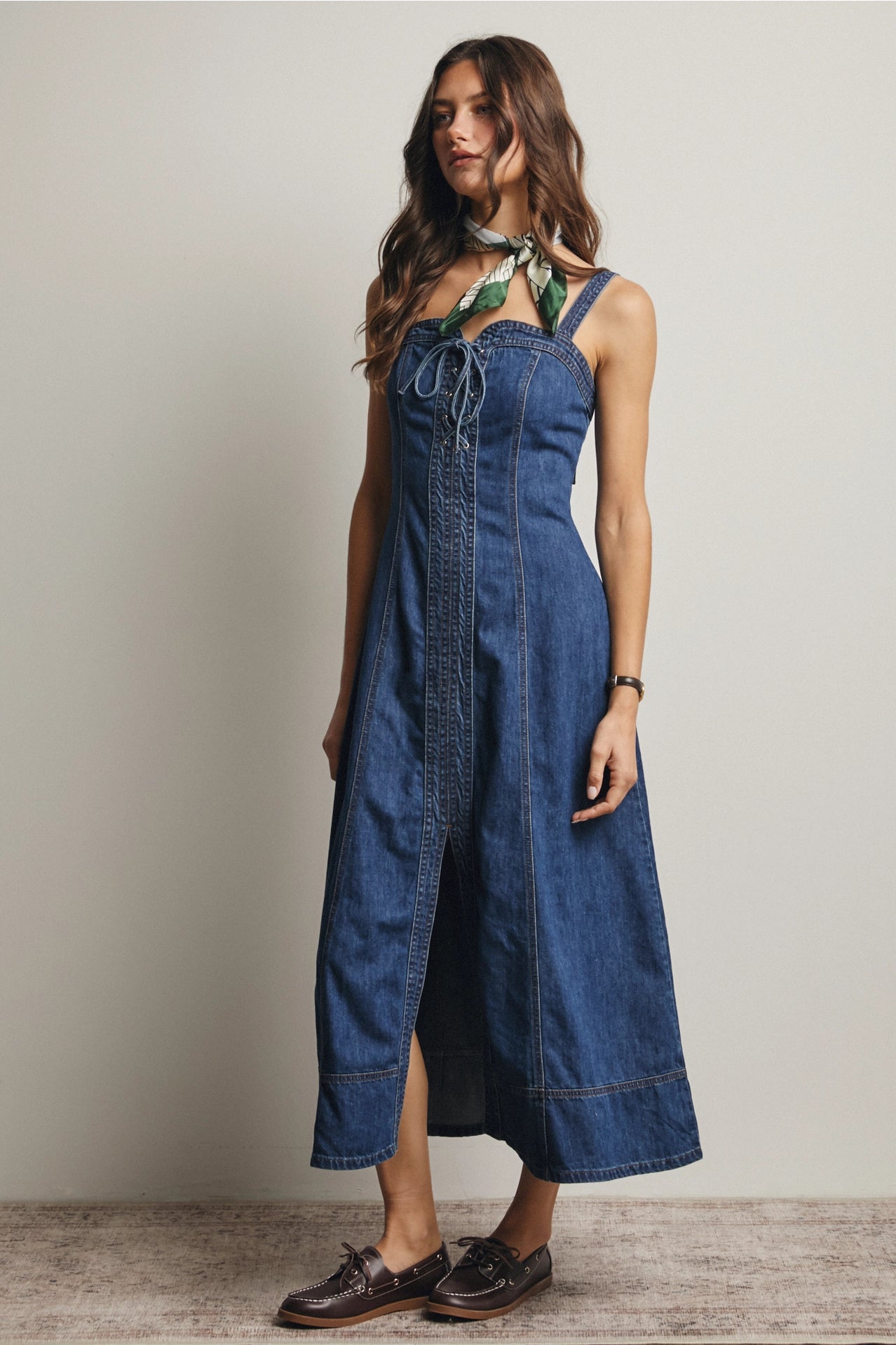 Lace-Up Denim Maxi Dress