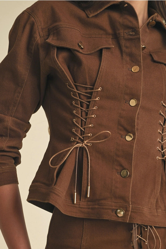 Lace-Up Long Sleeve Jackets-Jackets-Endless Blu-S-MOSS-Urbanheer