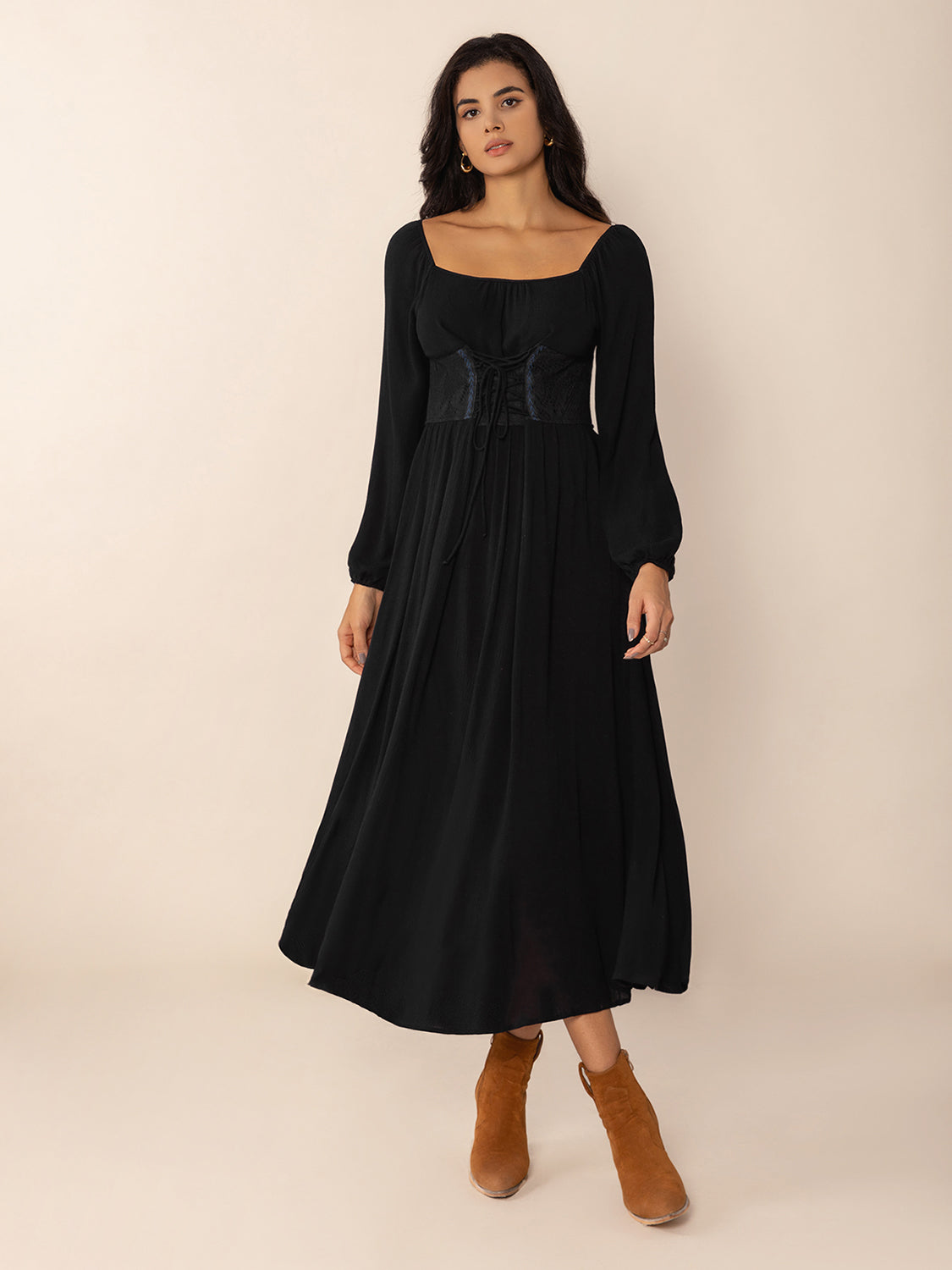 Lace-Up Square Neck Long Sleeve Midi Dress-Street 360-Black-S-Urbanheer