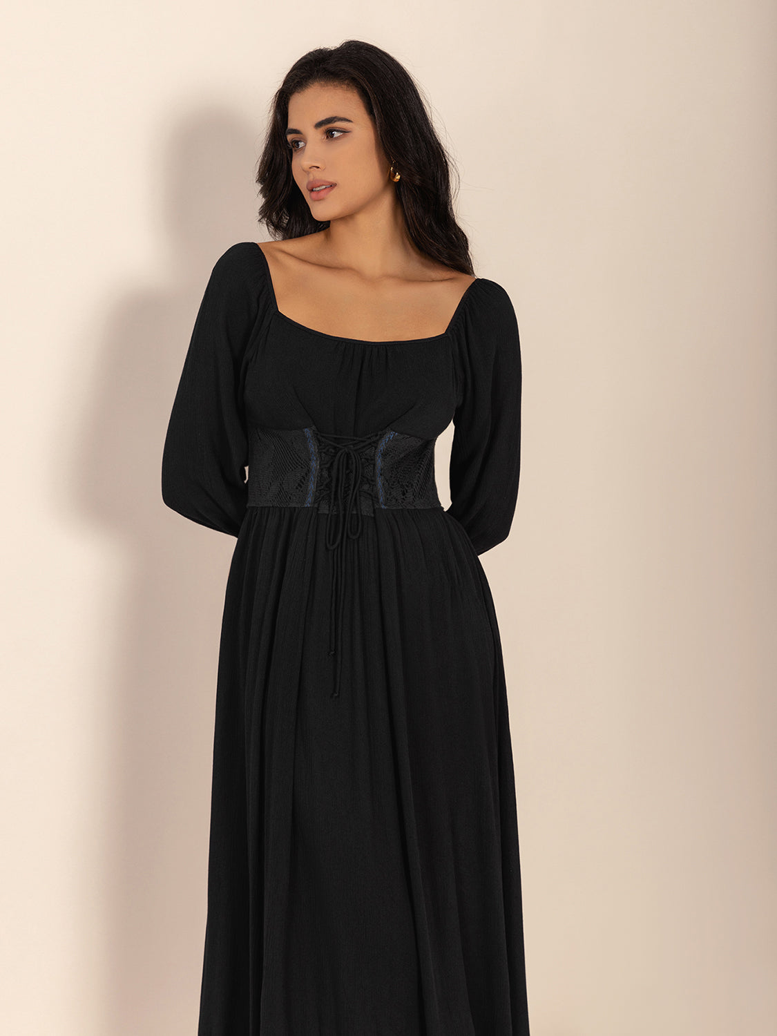 Lace-Up Square Neck Long Sleeve Midi Dress-Street 360-Black-S-Urbanheer