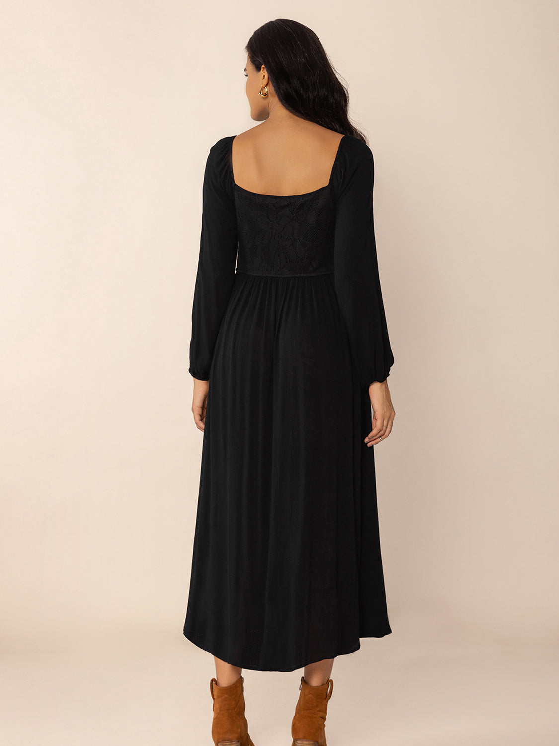 Lace-Up Square Neck Long Sleeve Midi Dress-Street 360-Black-S-Urbanheer
