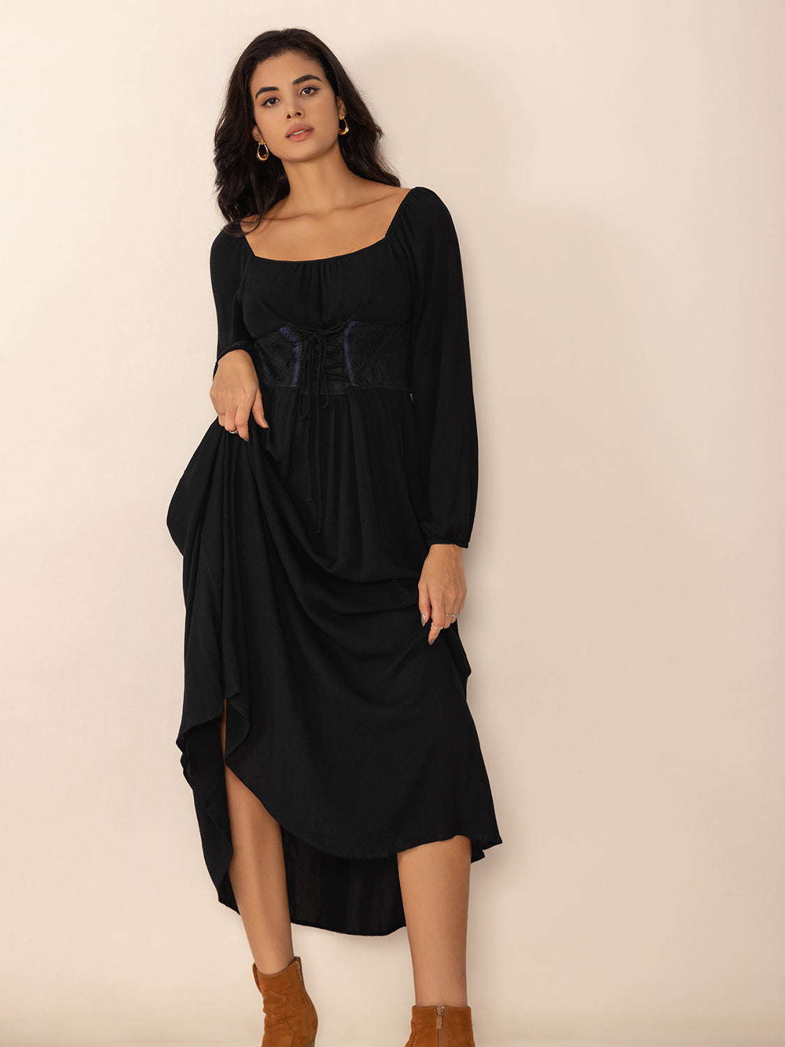 Lace-Up Square Neck Long Sleeve Midi Dress-Street 360-Black-S-Urbanheer