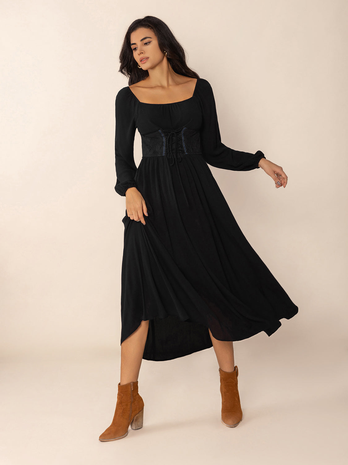 Lace-Up Square Neck Long Sleeve Midi Dress-Street 360-Black-S-Urbanheer