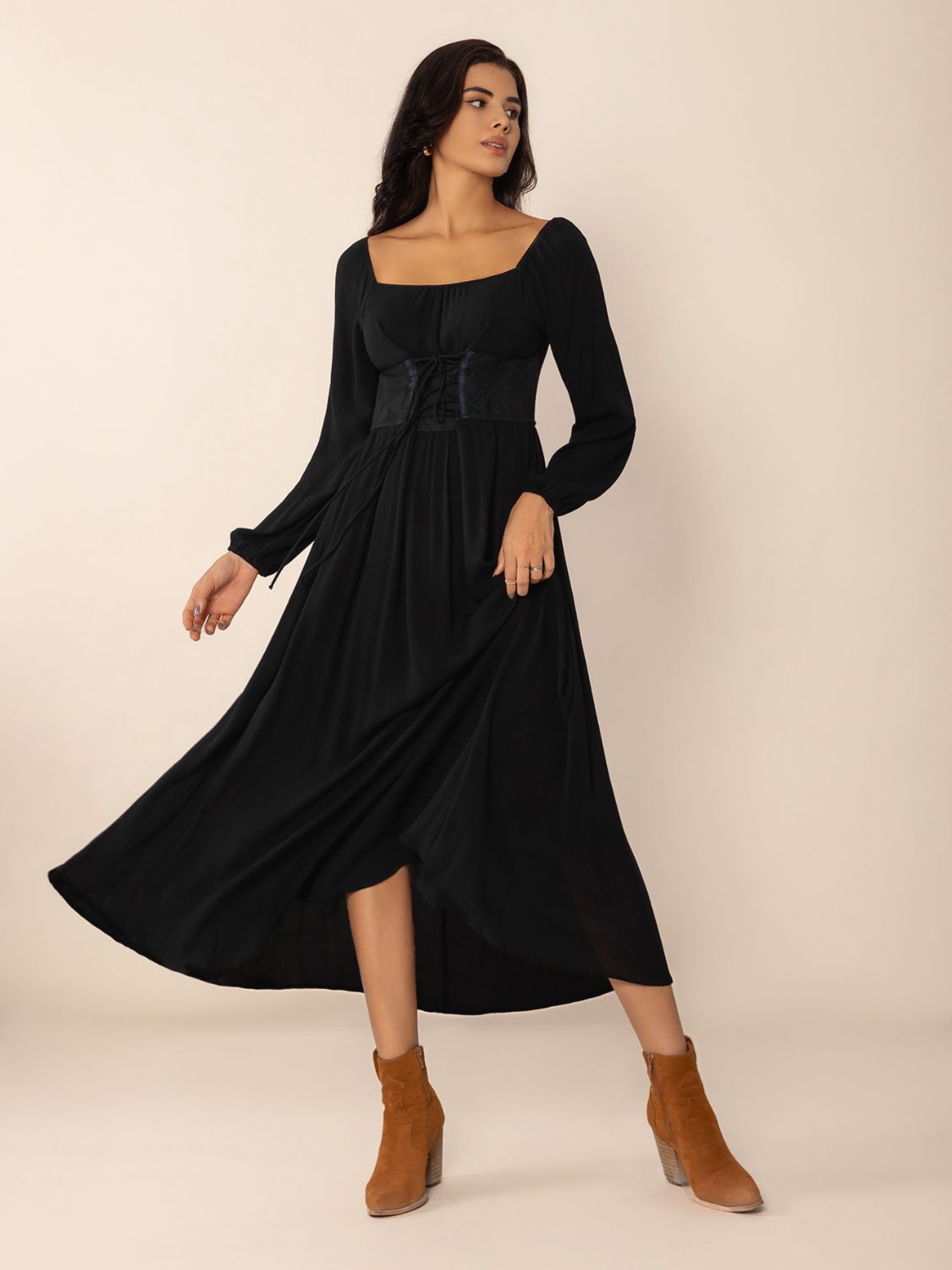 Lace-Up Square Neck Long Sleeve Midi Dress-Street 360-Black-S-Urbanheer
