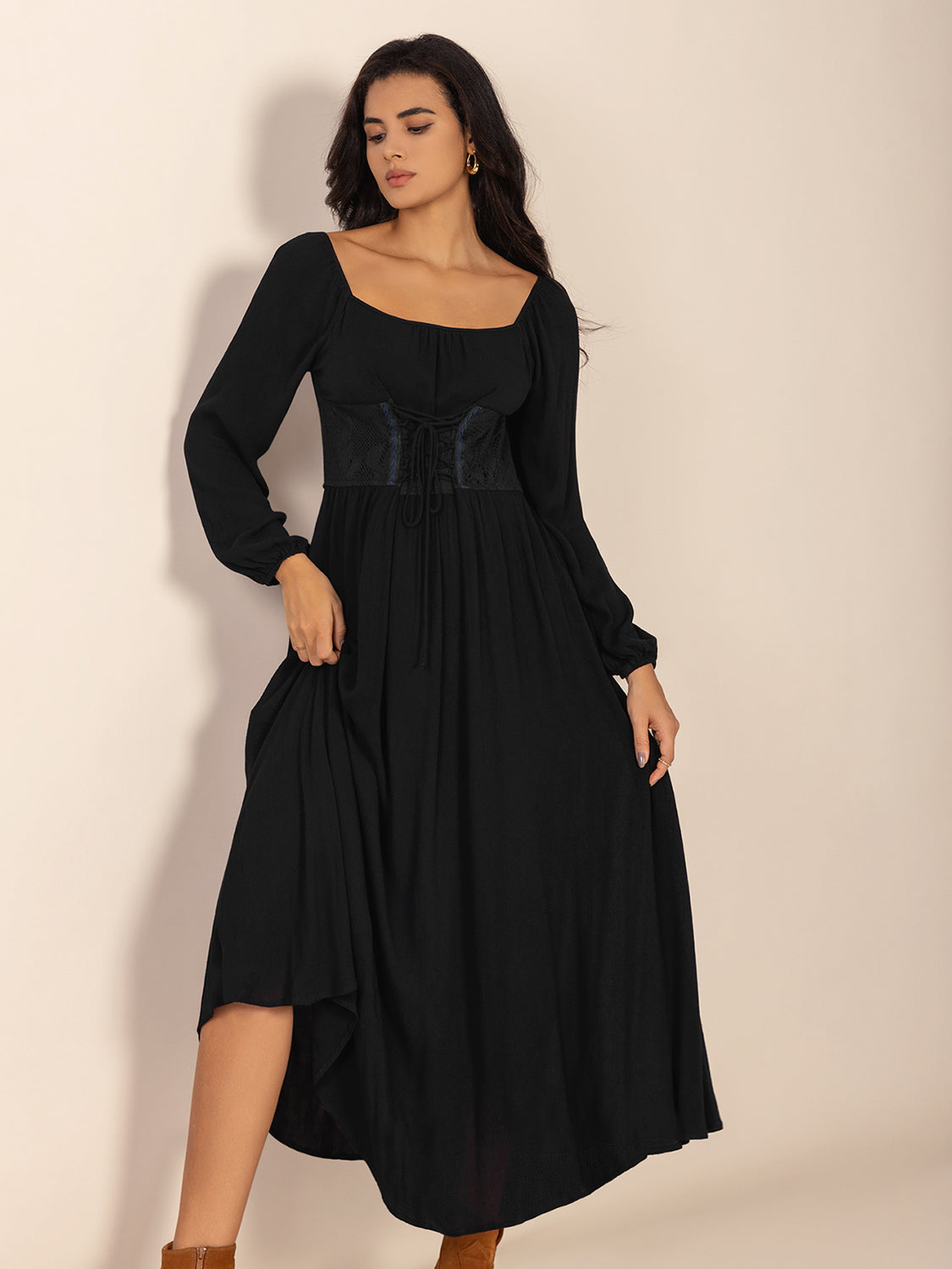 Lace-Up Square Neck Long Sleeve Midi Dress-Street 360-Black-S-Urbanheer