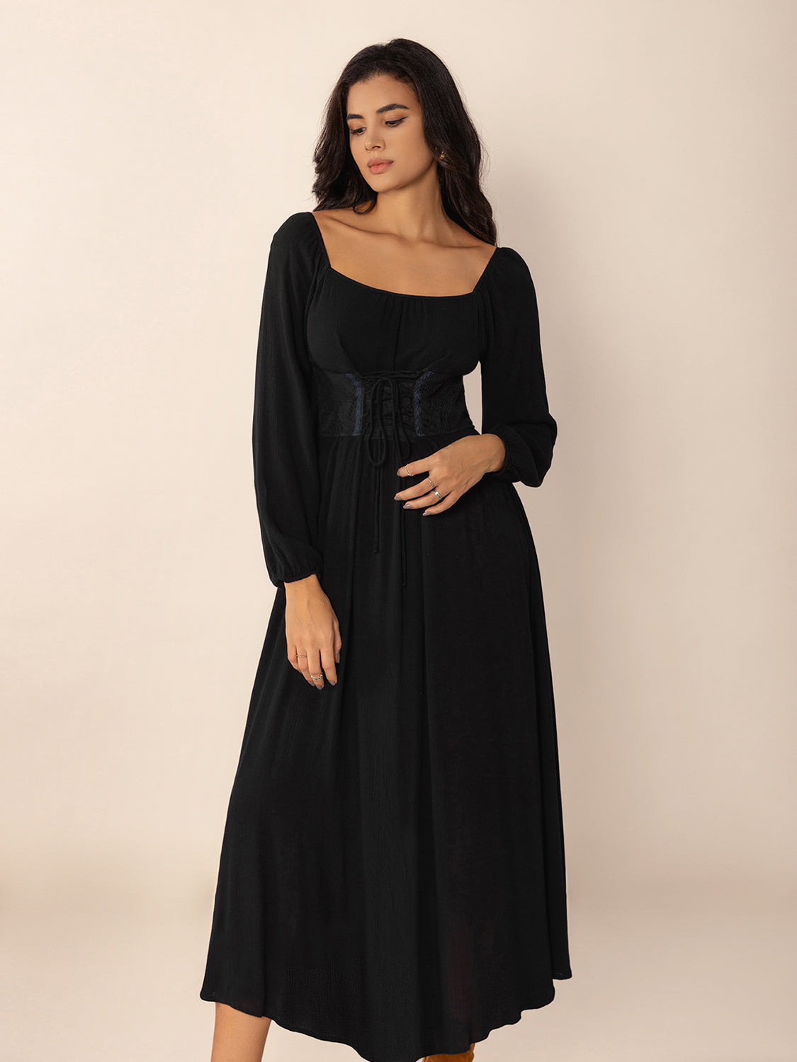 Lace-Up Square Neck Long Sleeve Midi Dress-Street 360-Black-S-Urbanheer