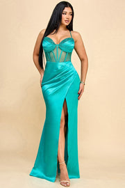 Ladies Bead Detail Shirring Satin Maxi Dress Turquoise-Dress-Maniju-S-Urbanheer