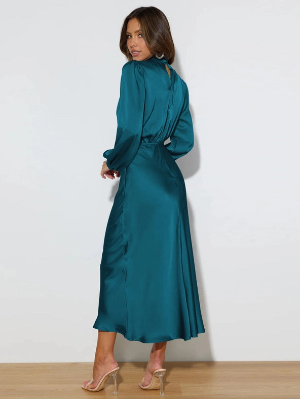 Ladies Elegant Satin Party Daily Midi Dress Gqtg Lake Blue-Dress-Sweetkama-S-Urbanheer