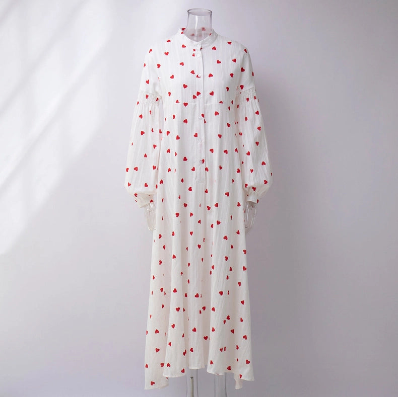 Ladies Heart Print Long Sleeves Maxi Dress-Dress-Sweetkama-S-White-Urbanheer
