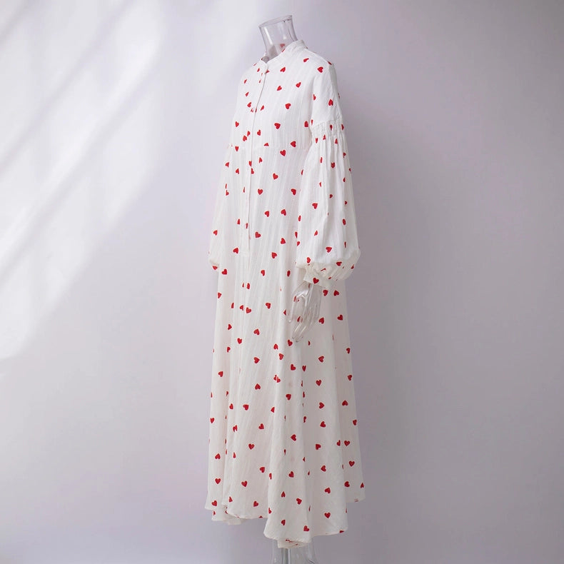 Ladies Heart Print Long Sleeves Maxi Dress-Dress-Sweetkama-S-White-Urbanheer