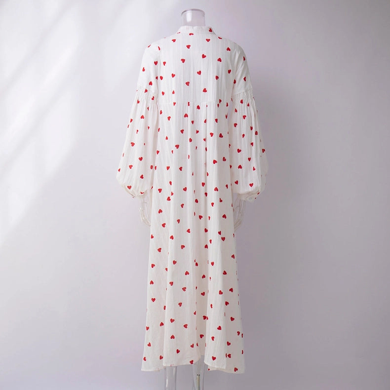 Ladies Heart Print Long Sleeves Maxi Dress-Dress-Sweetkama-S-White-Urbanheer