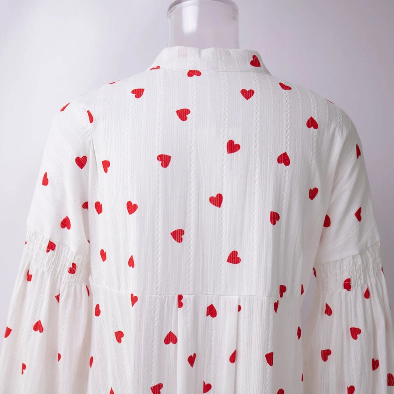 Ladies Heart Print Long Sleeves Maxi Dress-Dress-Sweetkama-S-White-Urbanheer