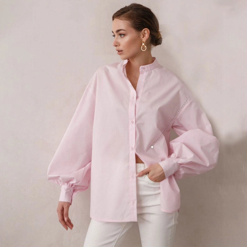 Ladies Solid Color Balloon Sleeves Shirt Light Pink-Shirt-Sweetkama-S-Urbanheer
