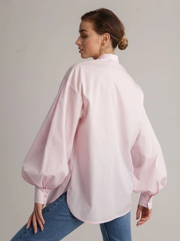 Ladies Solid Color Balloon Sleeves Shirt Light Pink-Shirt-Sweetkama-S-Urbanheer
