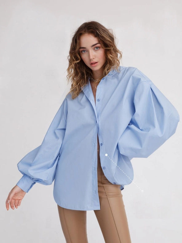 Ladies Solid Color Balloon Sleeves Shirt Sky Blue-Shirt-Sweetkama-S-Urbanheer