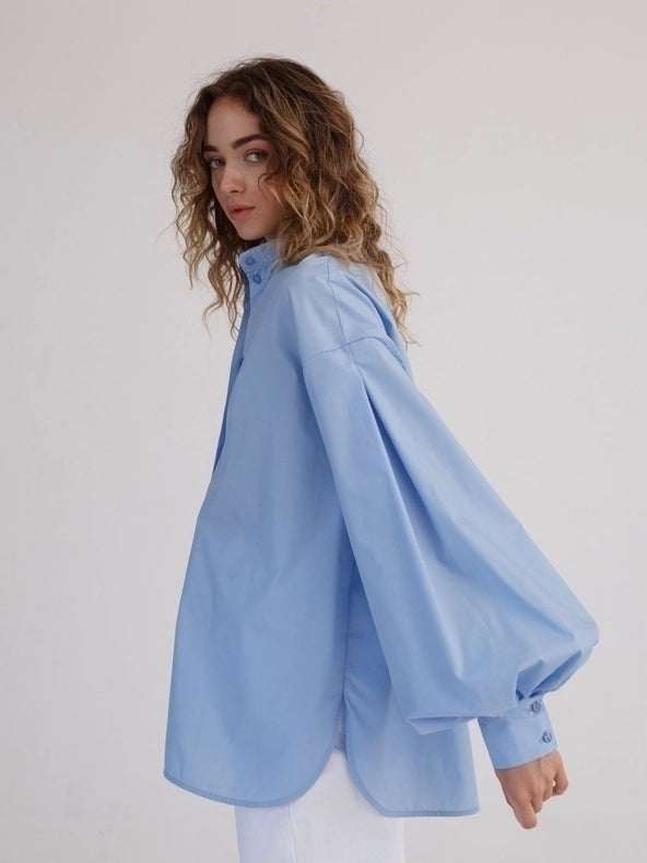 Ladies Solid Color Balloon Sleeves Shirt Sky Blue-Shirt-Sweetkama-S-Urbanheer